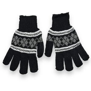 Womens Knit Gloves Argyle Design Winter Black Gray White Lightweight Stretchy